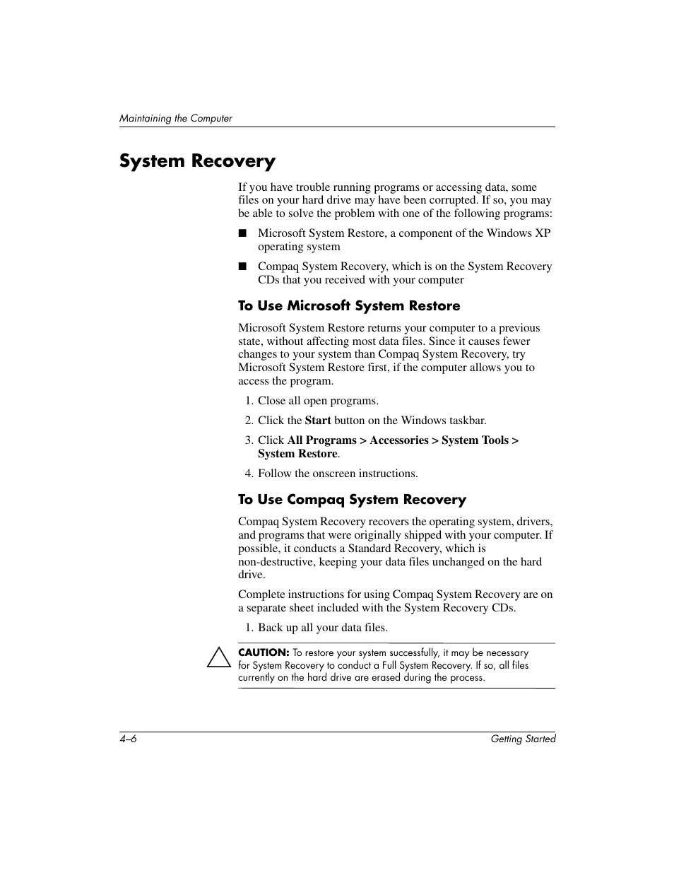 System recovery | Compaq PRESARIO 6000 User Manual | Page 34 / 82