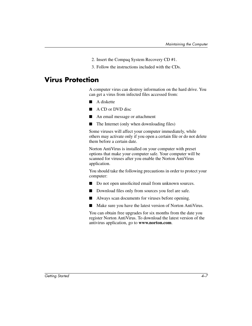 Virus protection | Compaq PRESARIO 6000 User Manual | Page 35 / 82