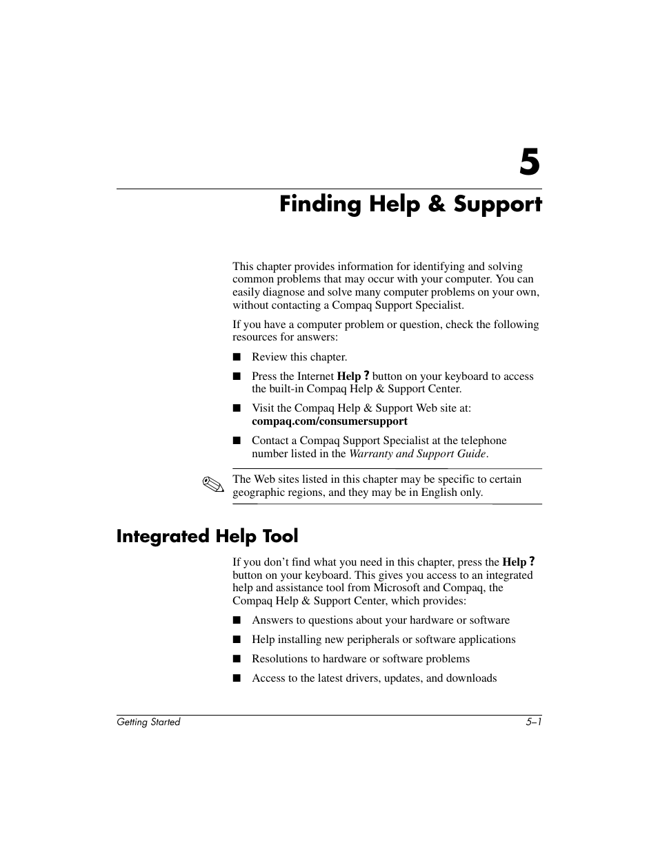 Finding help & support, Integrated help tool | Compaq PRESARIO 6000 User Manual | Page 37 / 82