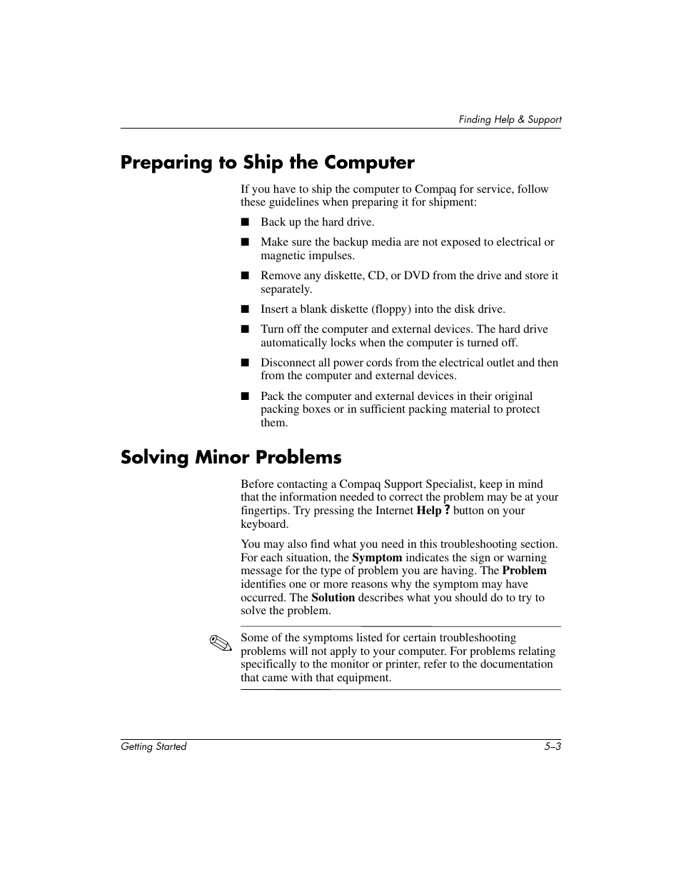 Preparing to ship the computer, Solving minor problems | Compaq PRESARIO 6000 User Manual | Page 39 / 82