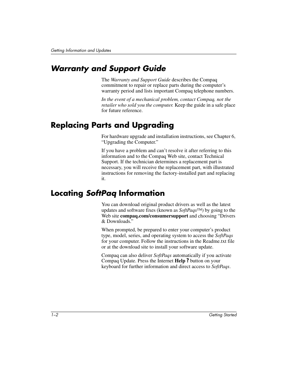 Warranty and support guide, Replacing parts and upgrading, Locating softpaq information | Compaq PRESARIO 6000 User Manual | Page 6 / 82