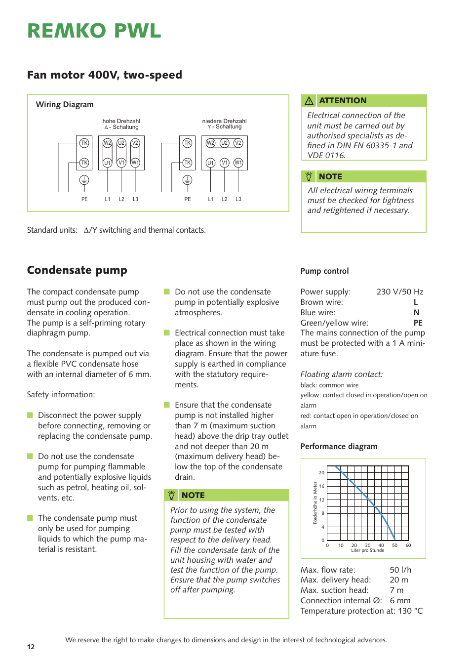 Remko pwl, Fan motor 400v, two-speed condensate pump | REMKO PWL 101 HK User Manual | Page 12 / 24