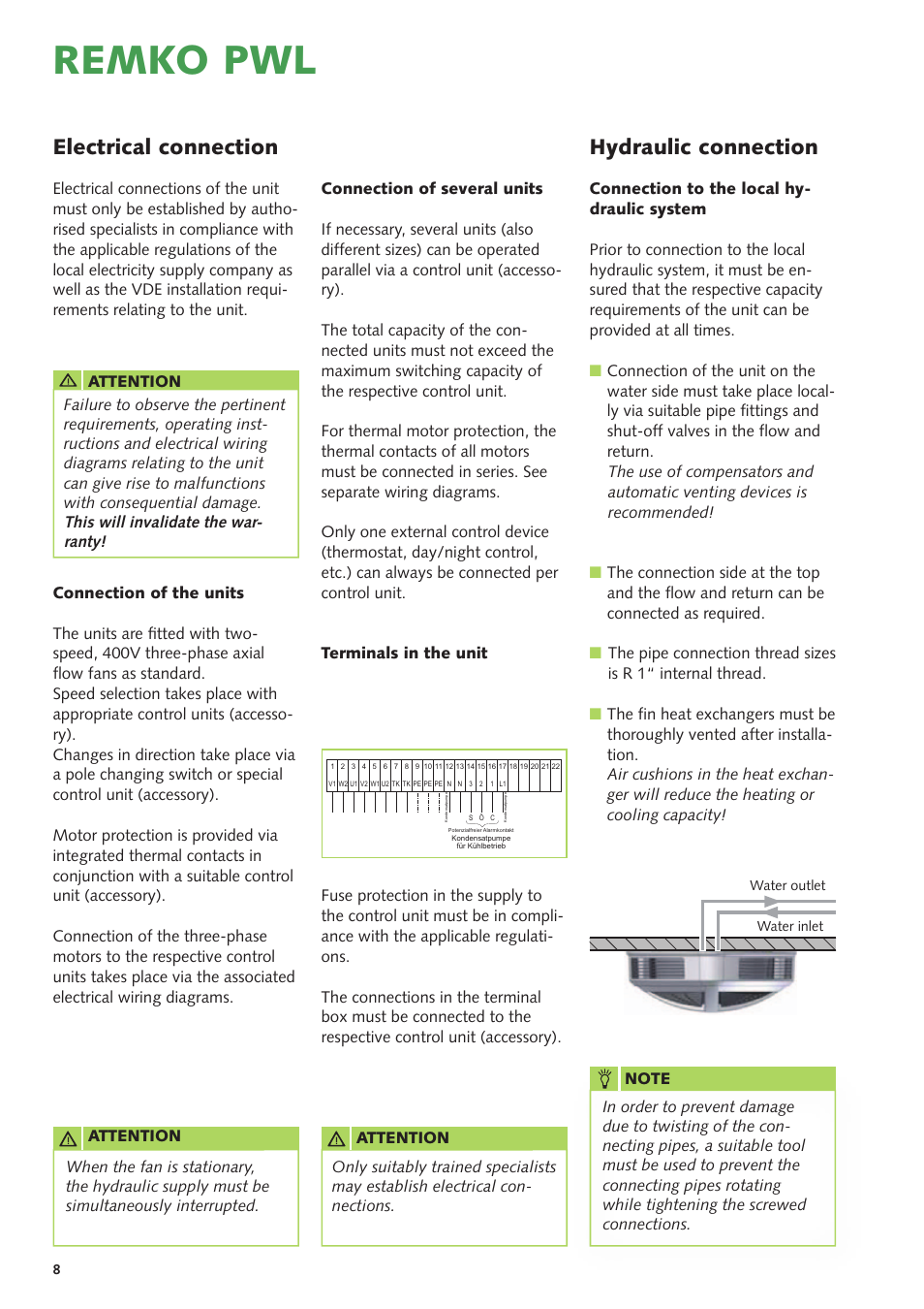 Remko pwl, Electrical connection, Hydraulic connection | This will invalidate the war- ranty | REMKO PWL 101 HK User Manual | Page 8 / 24