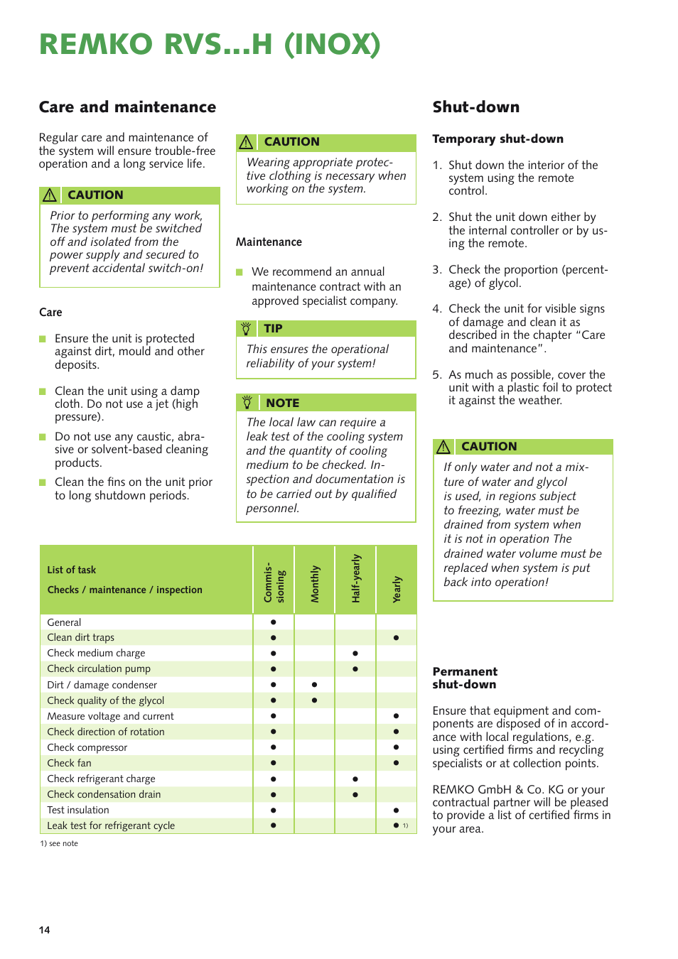 Remko rvs...h (inox), Care and maintenance shut-down | REMKO RVS 60 H User Manual | Page 14 / 44