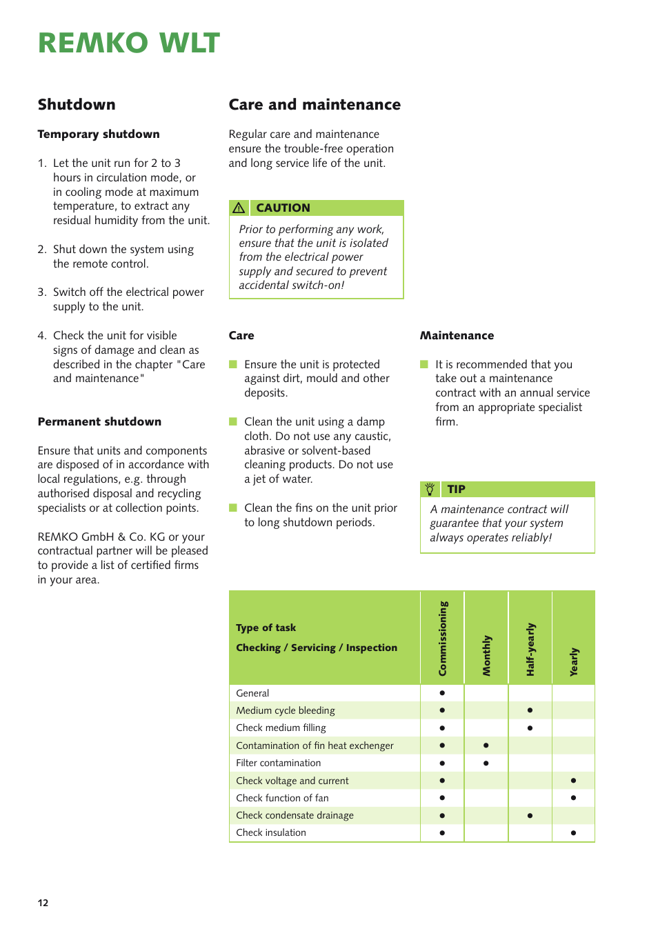 Remko wlt, Shutdown, Care and maintenance | REMKO WLT 25 User Manual | Page 12 / 24