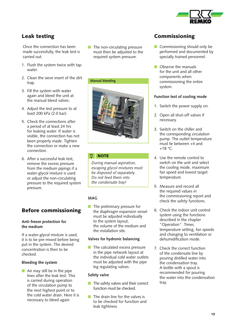 Leak testing, Before commissioning, Commissioning | REMKO WLT 25 User Manual | Page 19 / 24