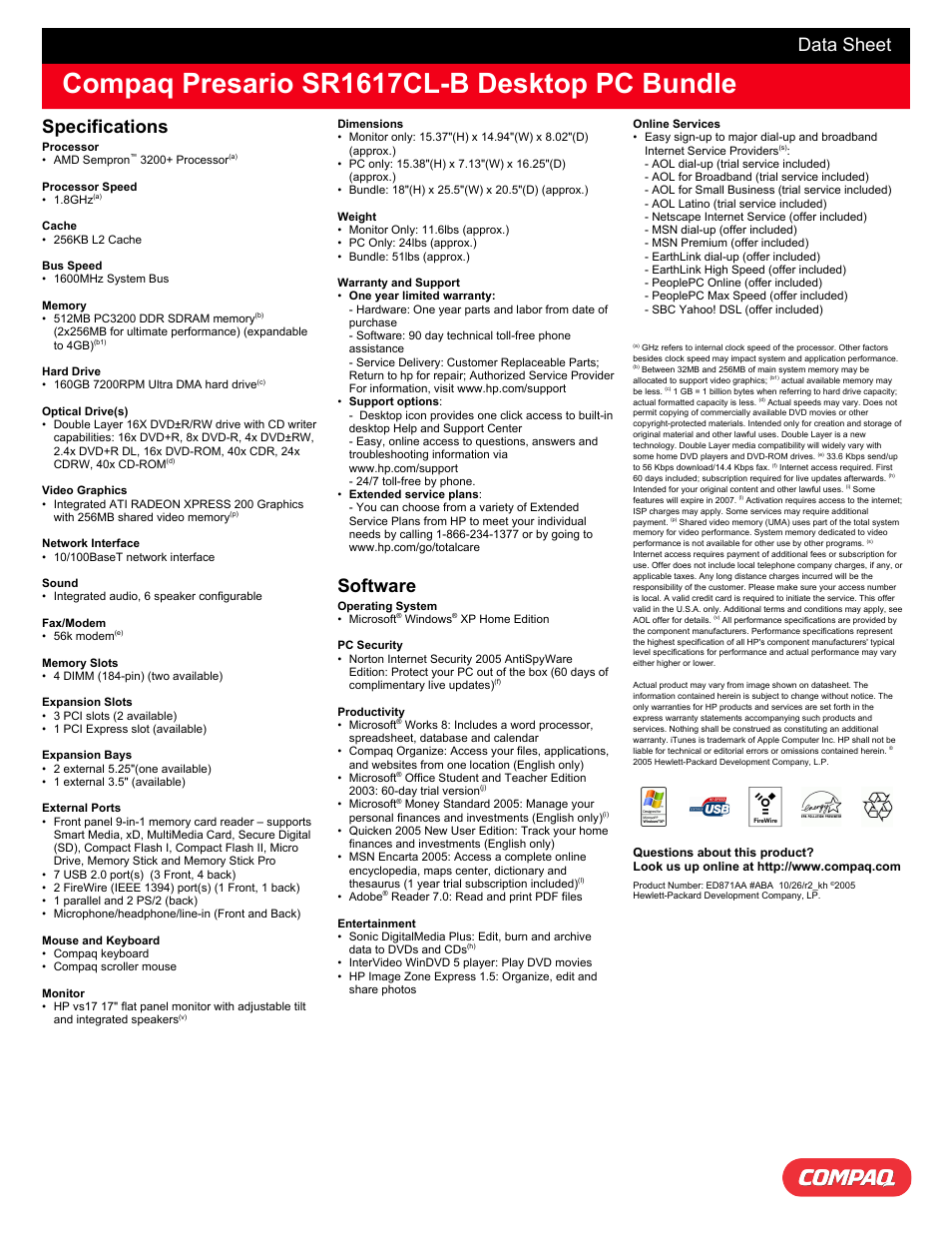 Compaq presario sr1617cl-b desktop pc bundle, Data sheet, Specifications | Software | Compaq Presario SR1617CL-B User Manual | Page 2 / 2