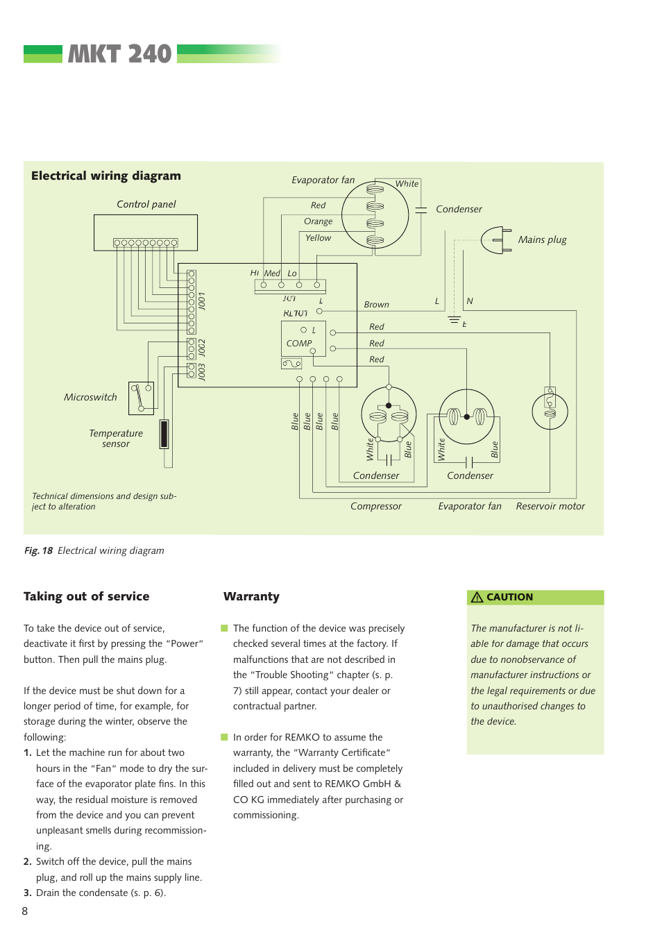 Mkt 240, Warranty electrical wiring diagram, Taking out of service | REMKO MKT 240 User Manual | Page 8 / 12