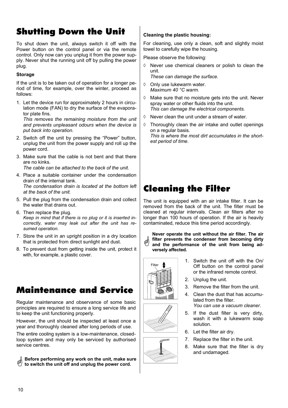 Shutting down the unit, Maintenance and service, Cleaning the filter | REMKO MKT 260 User Manual | Page 10 / 16