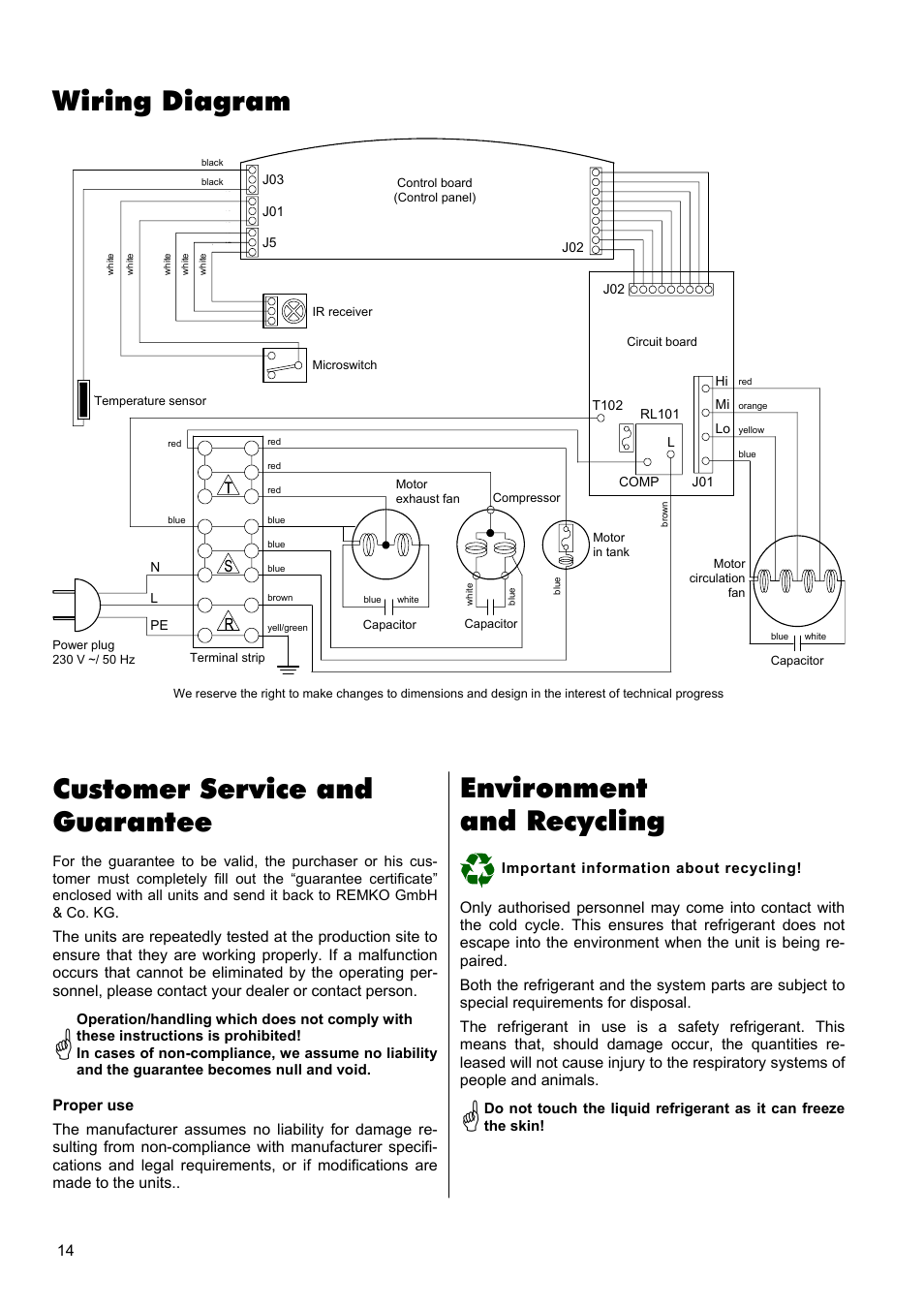 Wiring diagram, Customer service and guarantee, Environment and recycling | REMKO MKT 260 User Manual | Page 14 / 16