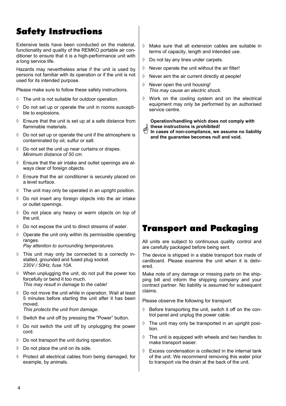 Safety instructions, Transport and packaging | REMKO MKT 260 User Manual | Page 4 / 16