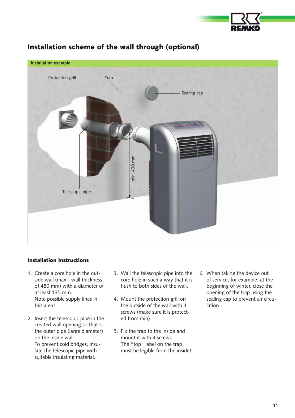 Installation scheme of the wall through (optional) | REMKO MKT 290 User Manual | Page 11 / 20