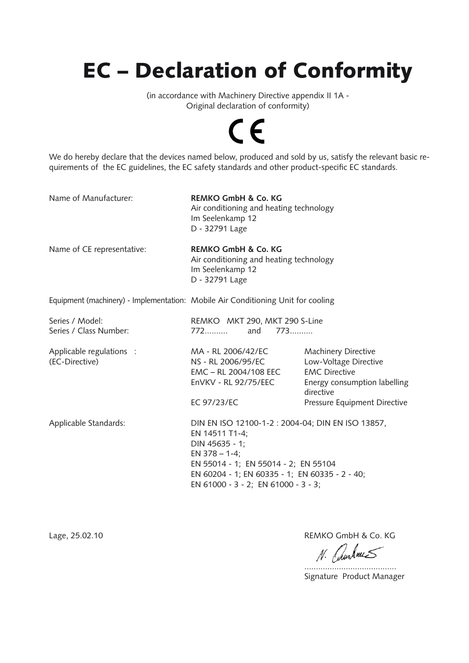 Ec – declaration of conformity | REMKO MKT 290 User Manual | Page 17 / 20