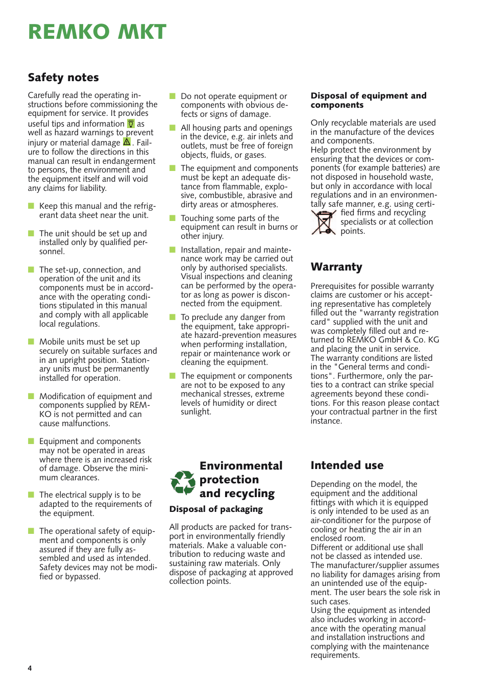 Remko mkt, Intended use, Warranty | Environmental protection and recycling | REMKO MKT 290 User Manual | Page 4 / 20