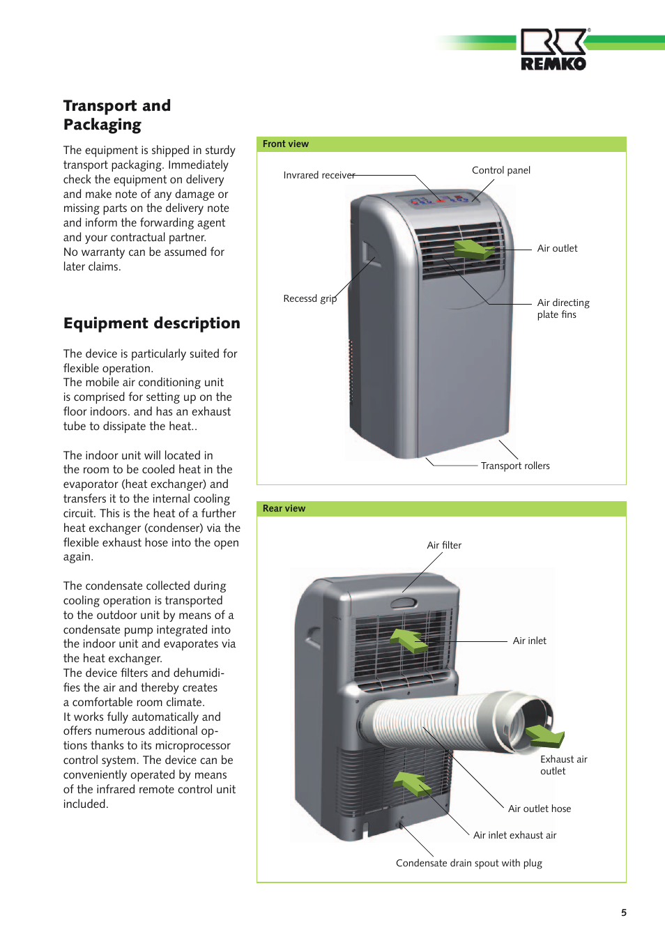 Transport and packaging, Equipment description | REMKO MKT 290 User Manual | Page 5 / 20