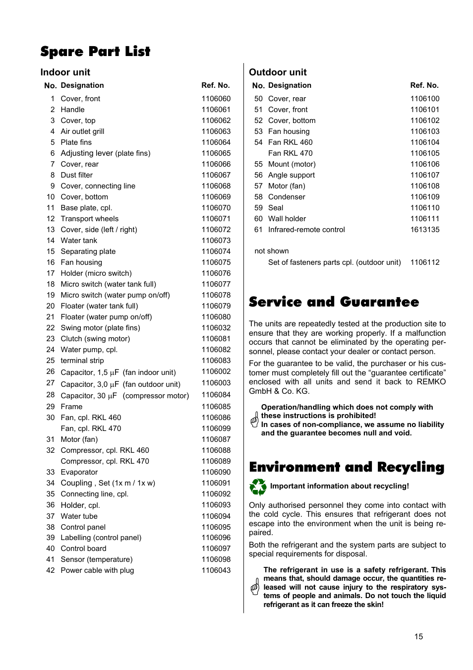 Environment and recycling, Spare part list, Service and guarantee | REMKO RKL 460 User Manual | Page 15 / 16