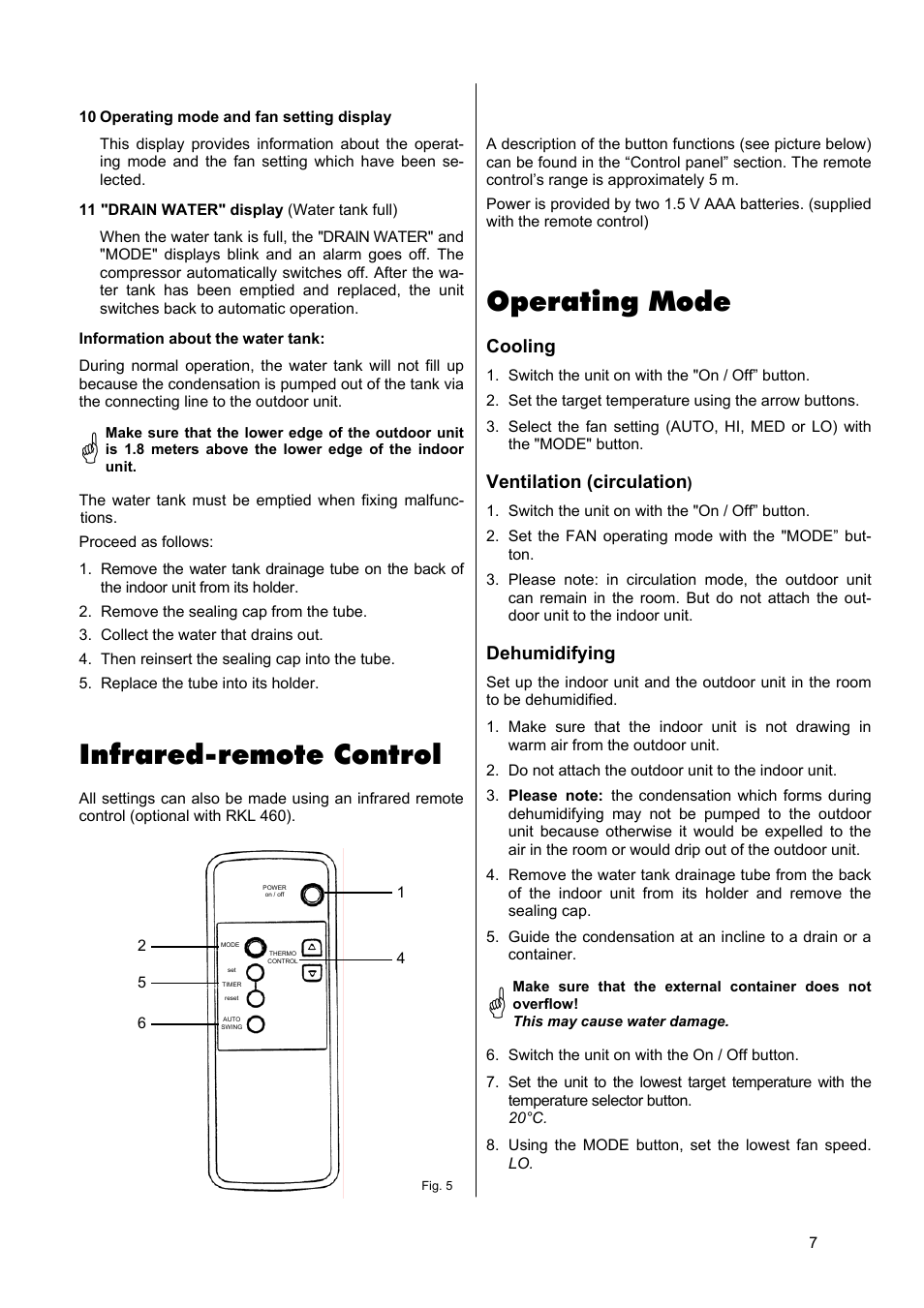 Operating mode, Infrared-remote control | REMKO RKL 460 User Manual | Page 7 / 16