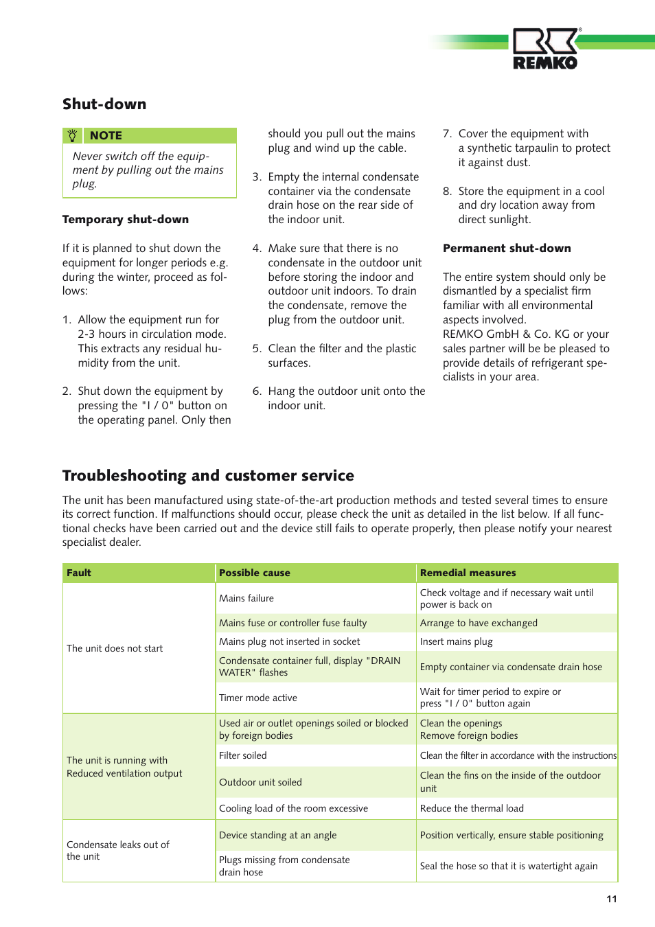 Shut-down, Troubleshooting and customer service | REMKO RKL 490 DC User Manual | Page 11 / 20