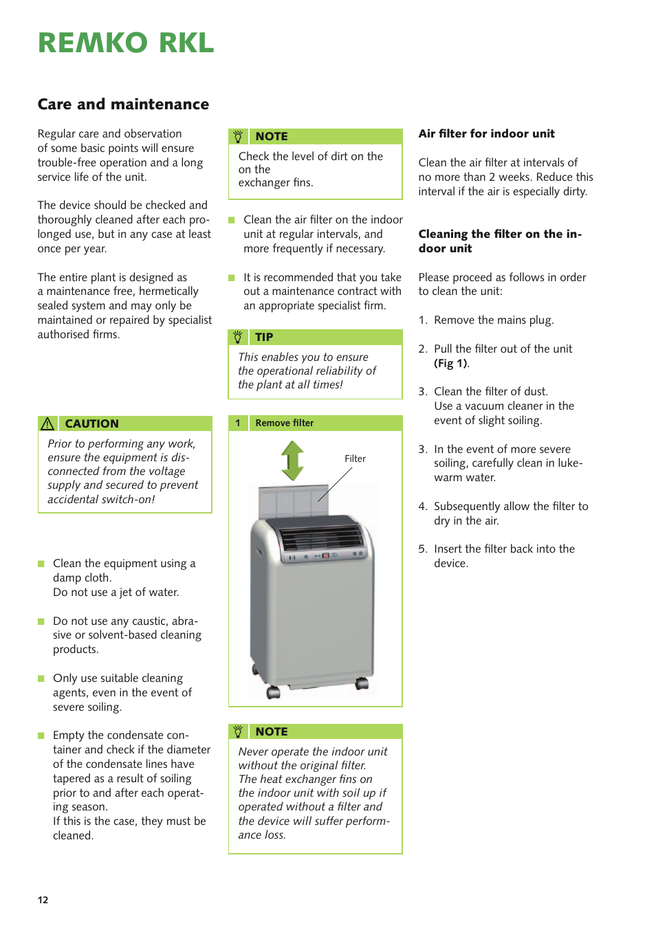 Remko rkl, Care and maintenance | REMKO RKL 490 DC User Manual | Page 12 / 20