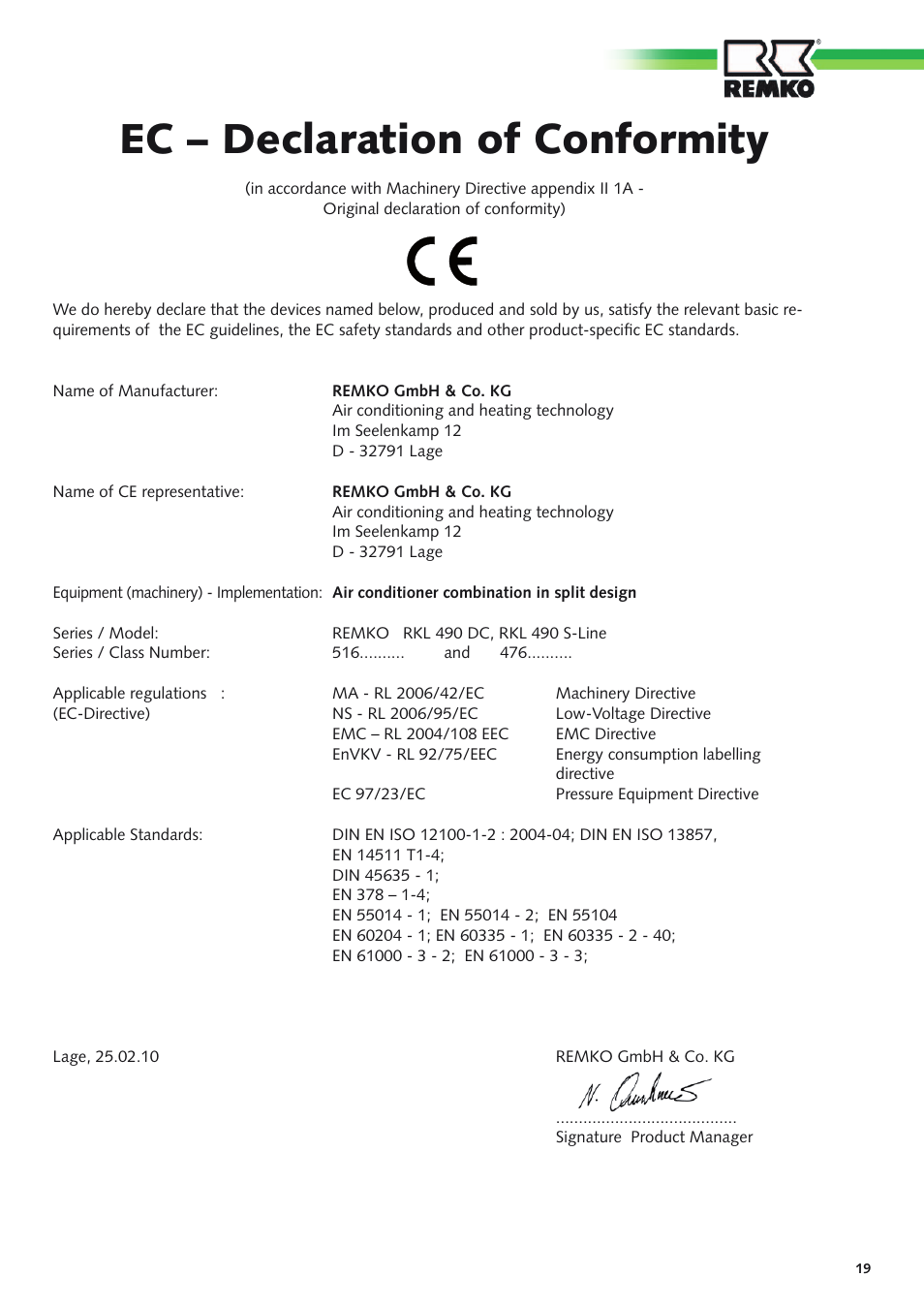 Ec – declaration of conformity | REMKO RKL 490 DC User Manual | Page 19 / 20