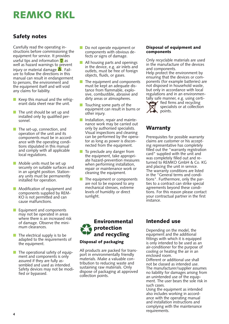 Remko rkl, Intended use, Warranty | Environmental protection and recycling | REMKO RKL 490 DC User Manual | Page 4 / 20