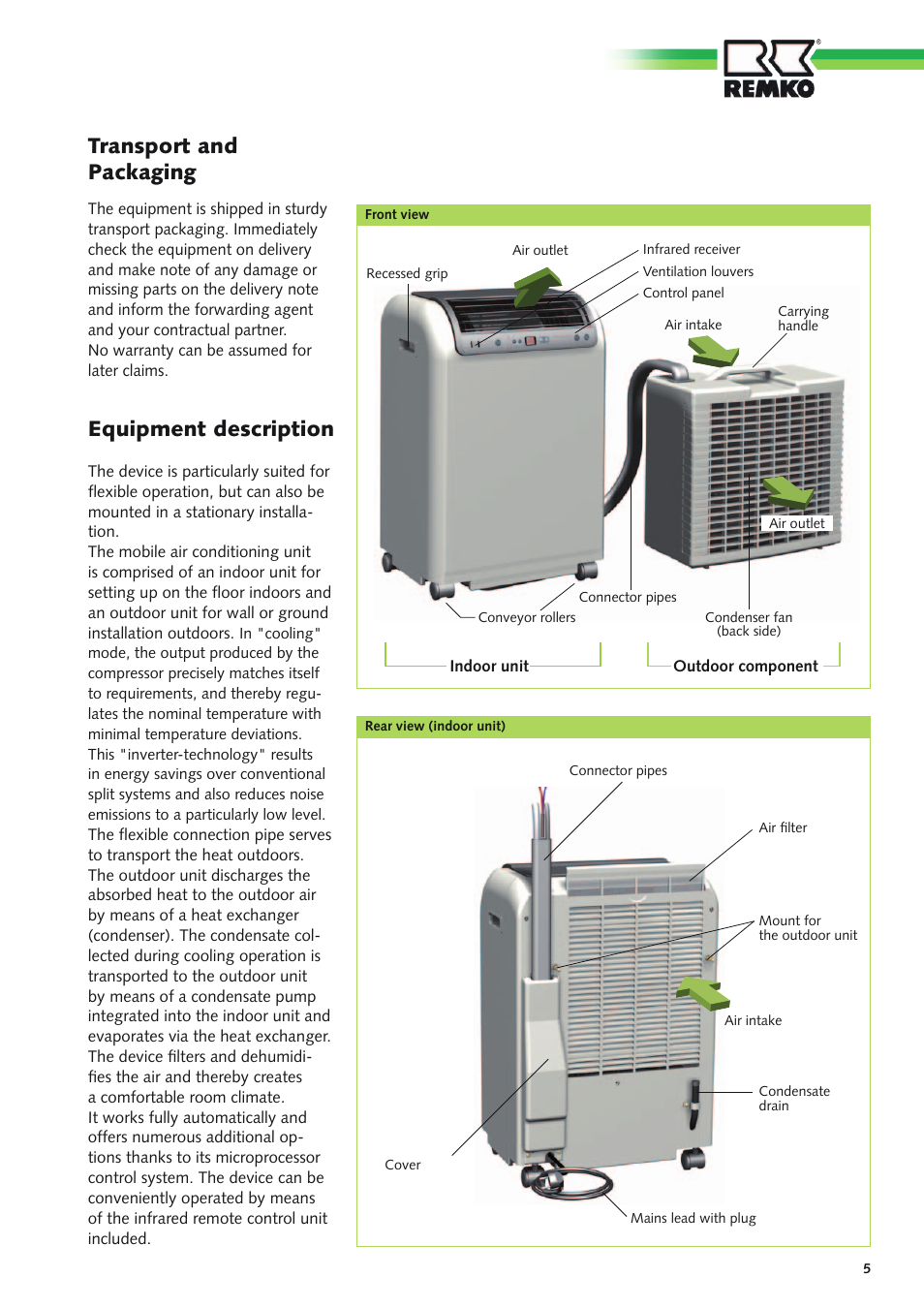 Equipment description, Transport and packaging | REMKO RKL 490 DC User Manual | Page 5 / 20