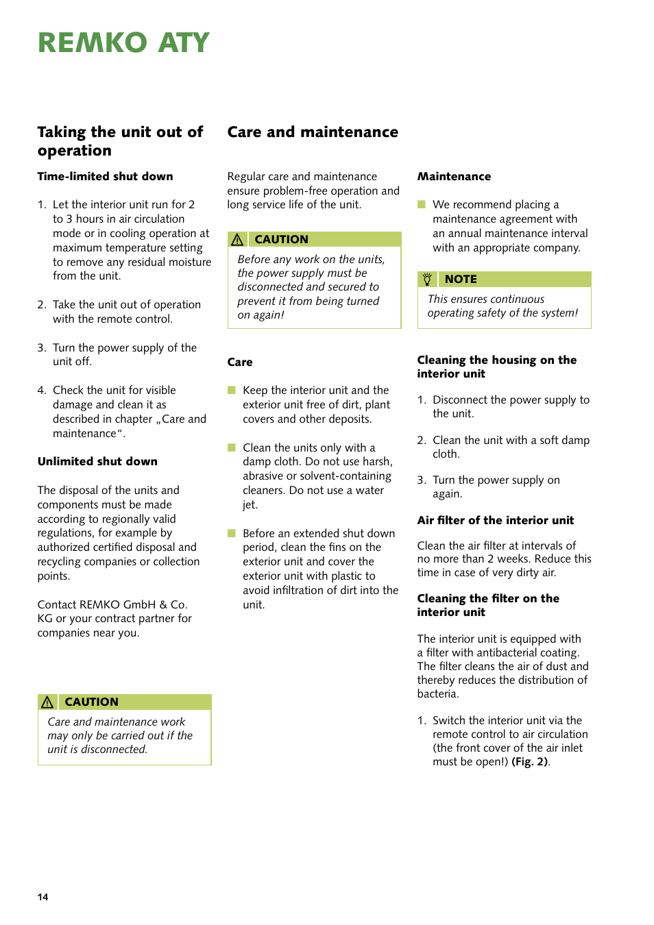 Remko aty, Taking the unit out of operation, Care and maintenance | REMKO ATY 260 User Manual | Page 14 / 32