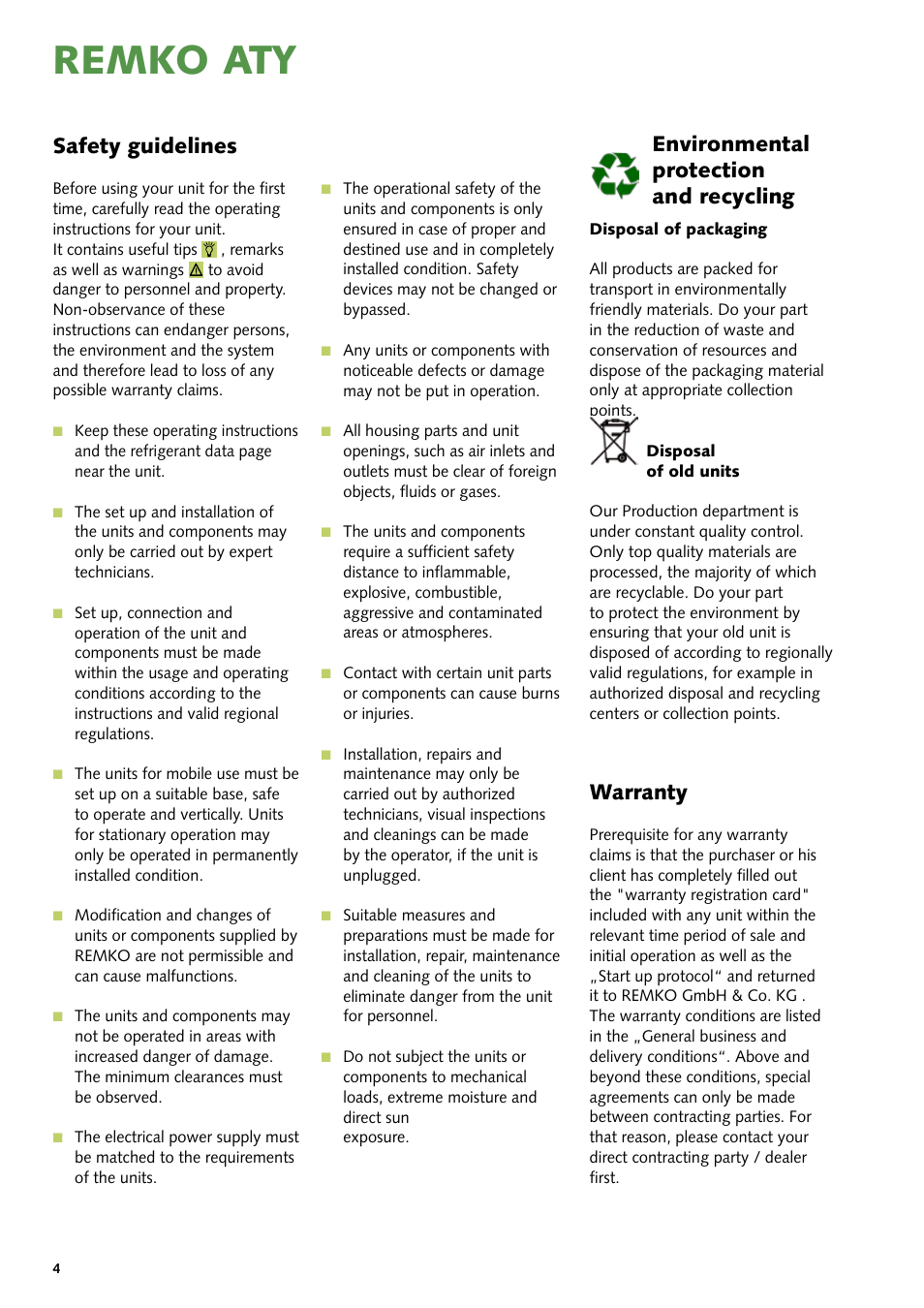 Remko aty, Safety guidelines, Environmental protection and recycling | Warranty | REMKO ATY 260 User Manual | Page 4 / 32