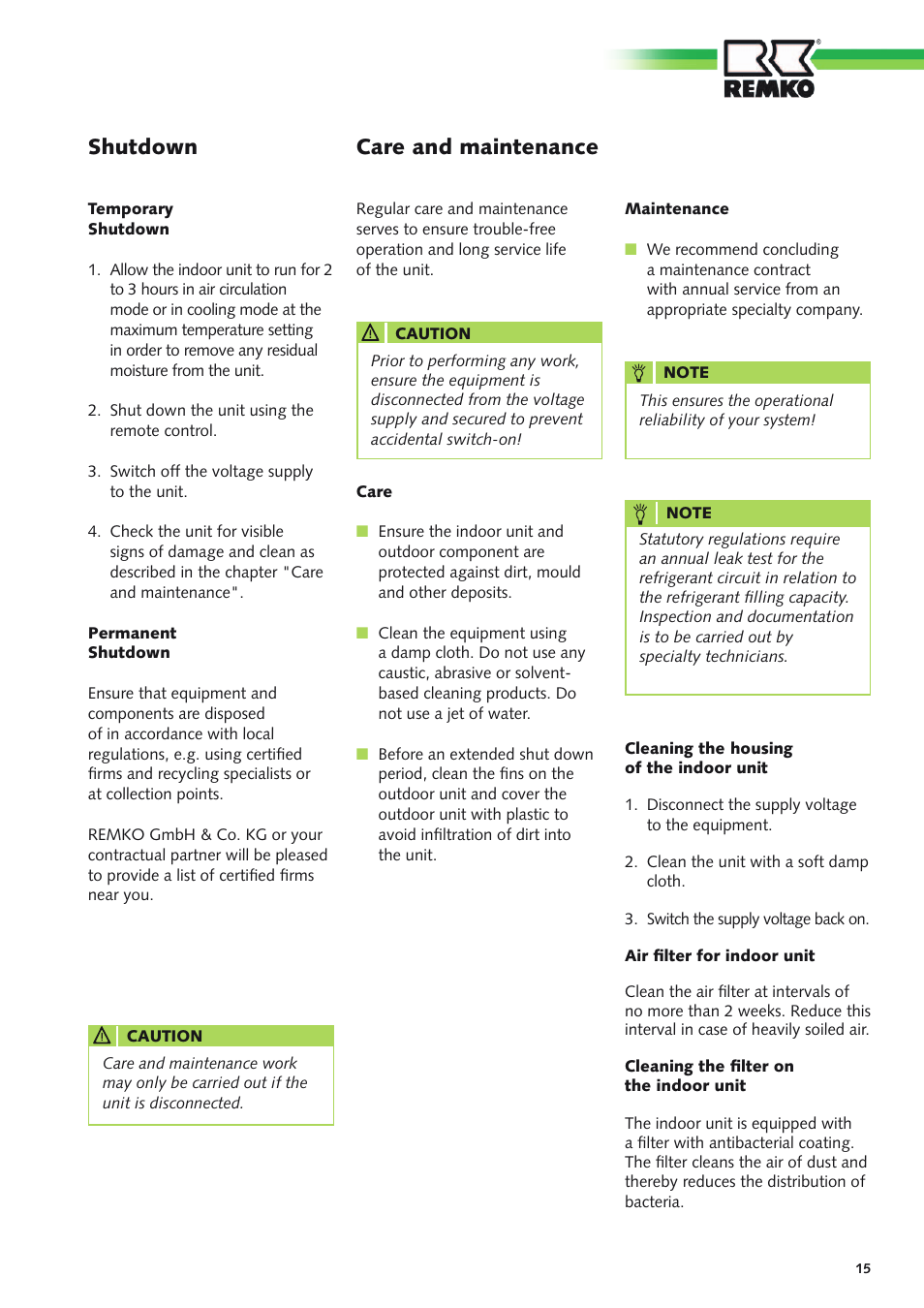 Shutdown, Care and maintenance | REMKO ATY 261 DC User Manual | Page 15 / 36