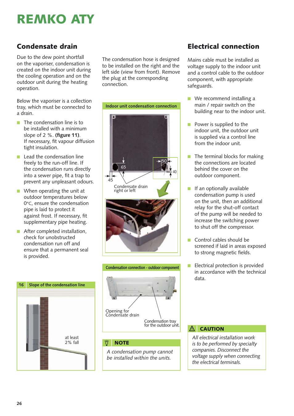 Remko aty, Condensate drain, Electrical connection | REMKO ATY 261 DC User Manual | Page 26 / 36