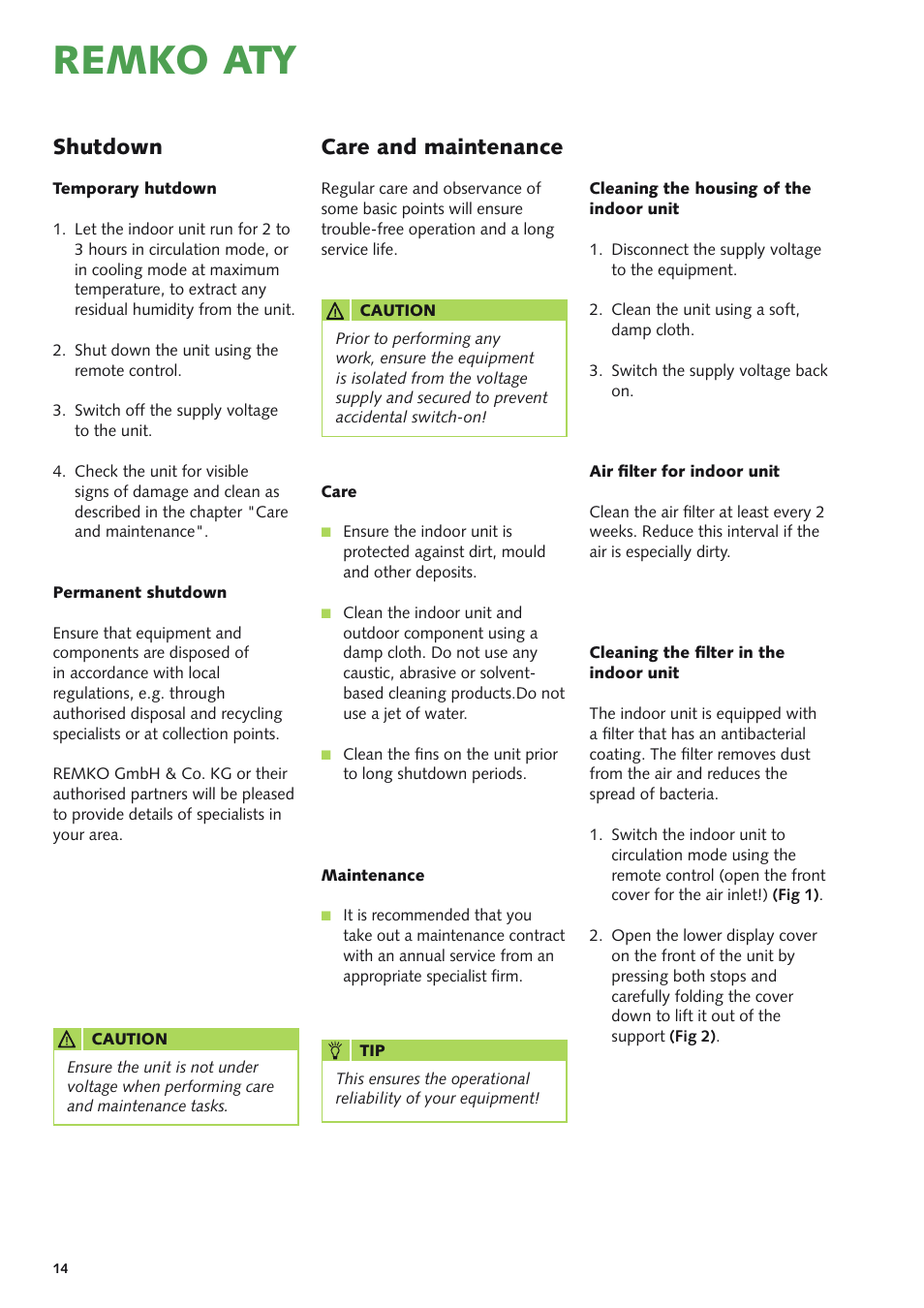 Remko aty, Shutdown care and maintenance | REMKO ATY 261 User Manual | Page 14 / 28