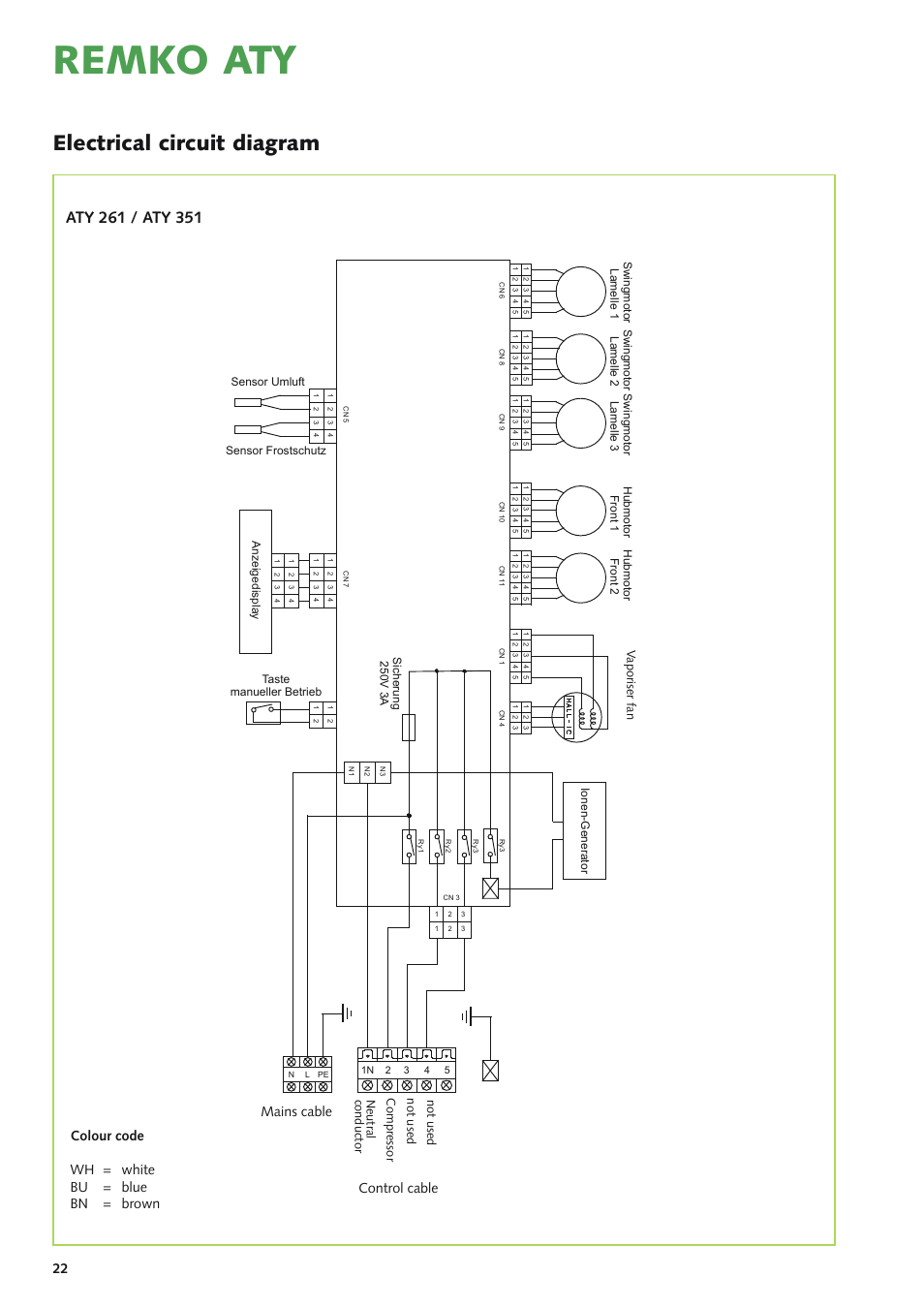 Remko aty, Electrical circuit diagram, Colour code wh = white bu = blue bn = brown | Control cable, Mains cable | REMKO ATY 261 User Manual | Page 22 / 28