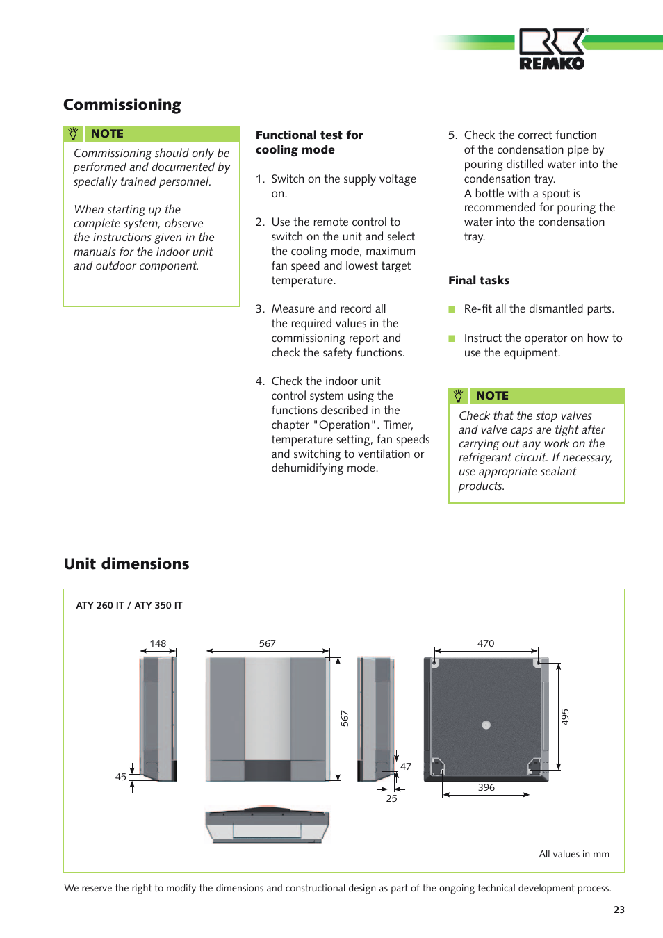 Commissioning, Unit dimensions | REMKO ATY 261 User Manual | Page 23 / 28