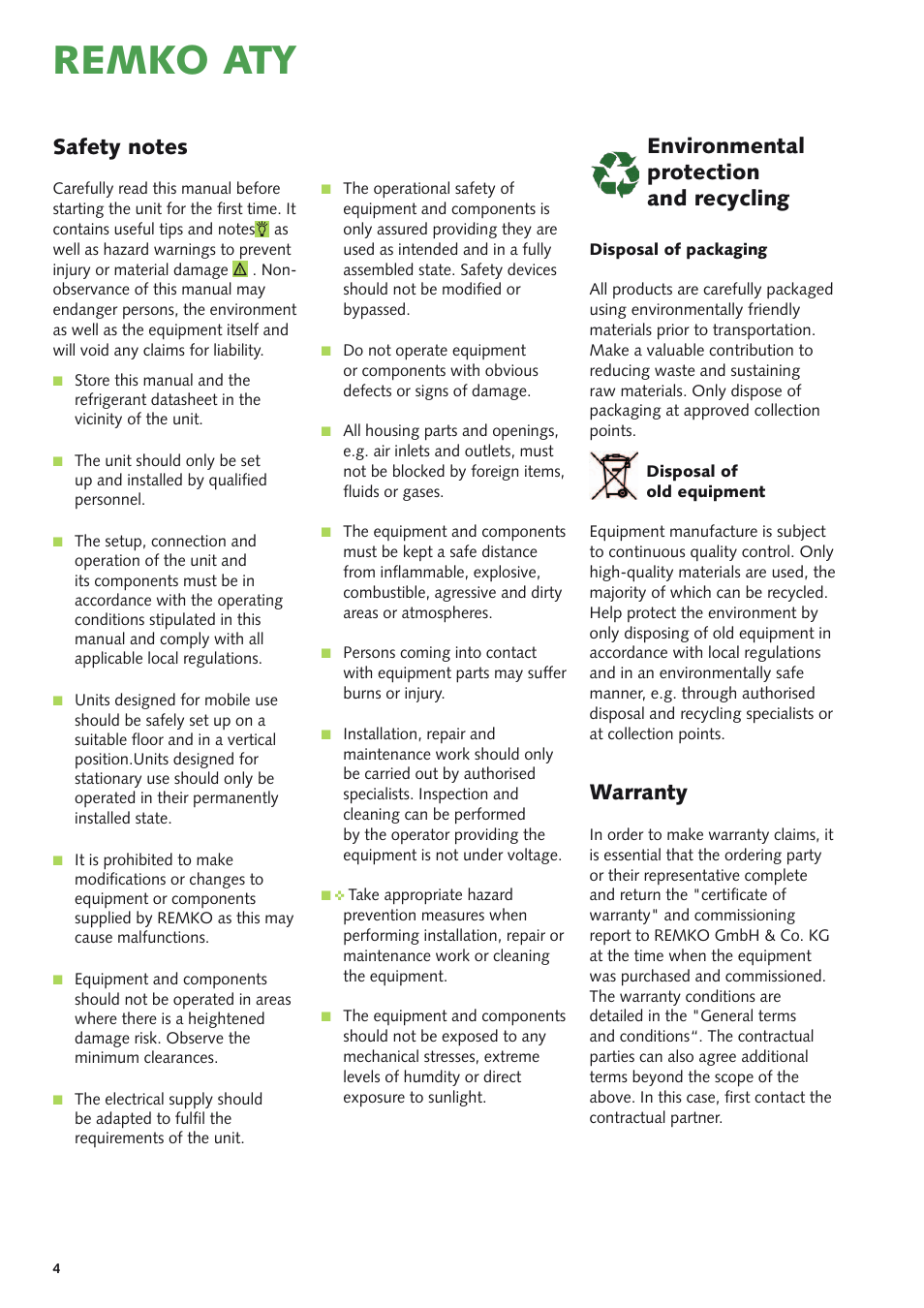 Remko aty, Warranty, Environmental protection and recycling | REMKO ATY 261 User Manual | Page 4 / 28