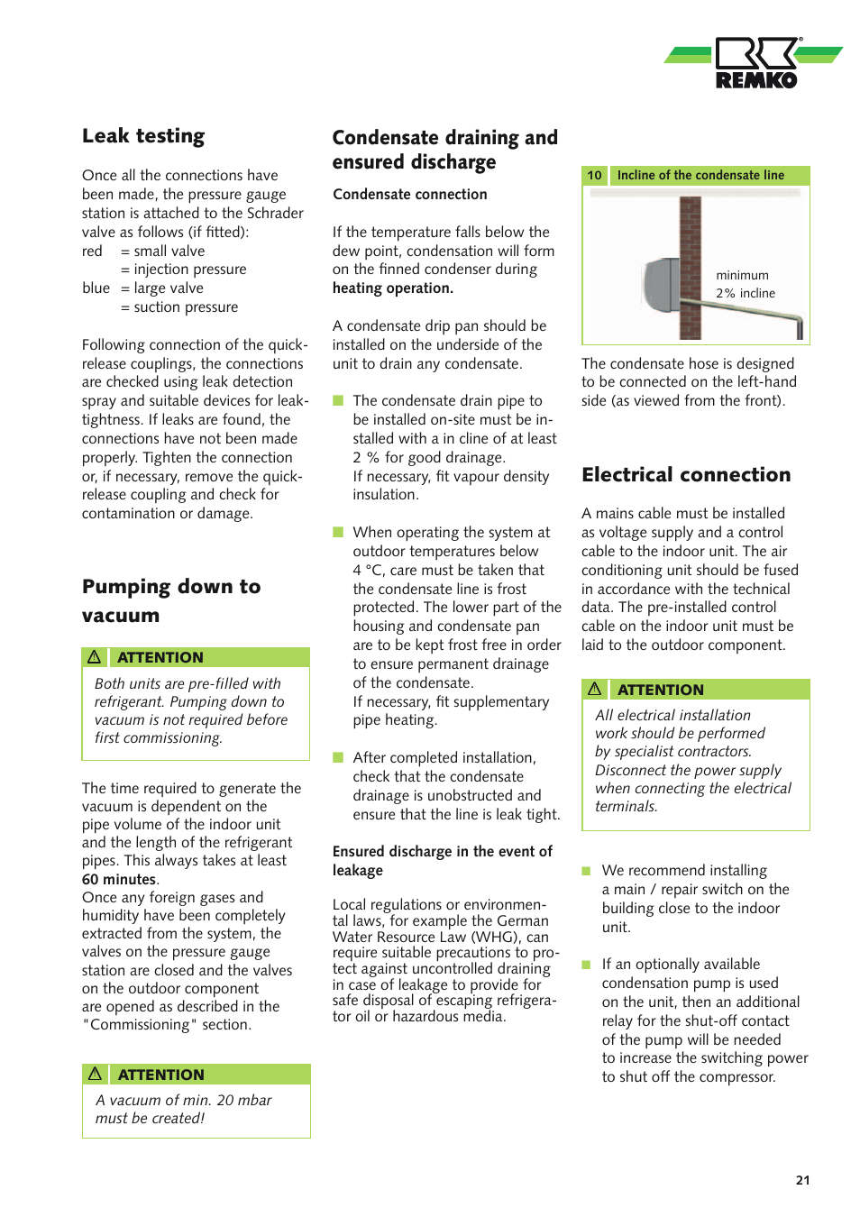 Leak testing pumping down to vacuum, Electrical connection, Condensate draining and ensured discharge | REMKO BL 261 User Manual | Page 21 / 32