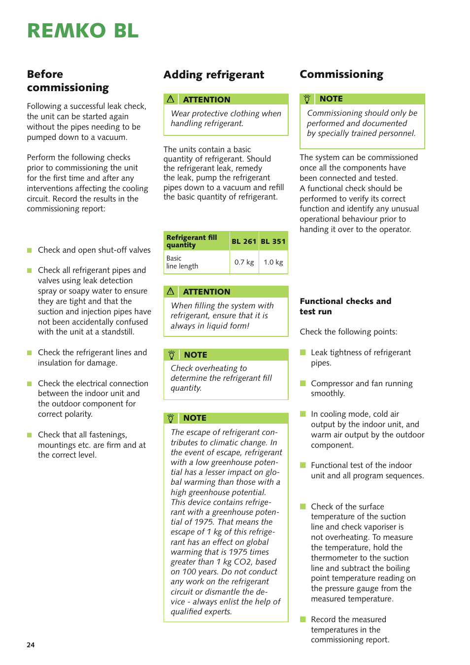 Remko bl, Adding refrigerant, Before commissioning | Commissioning | REMKO BL 261 User Manual | Page 24 / 32