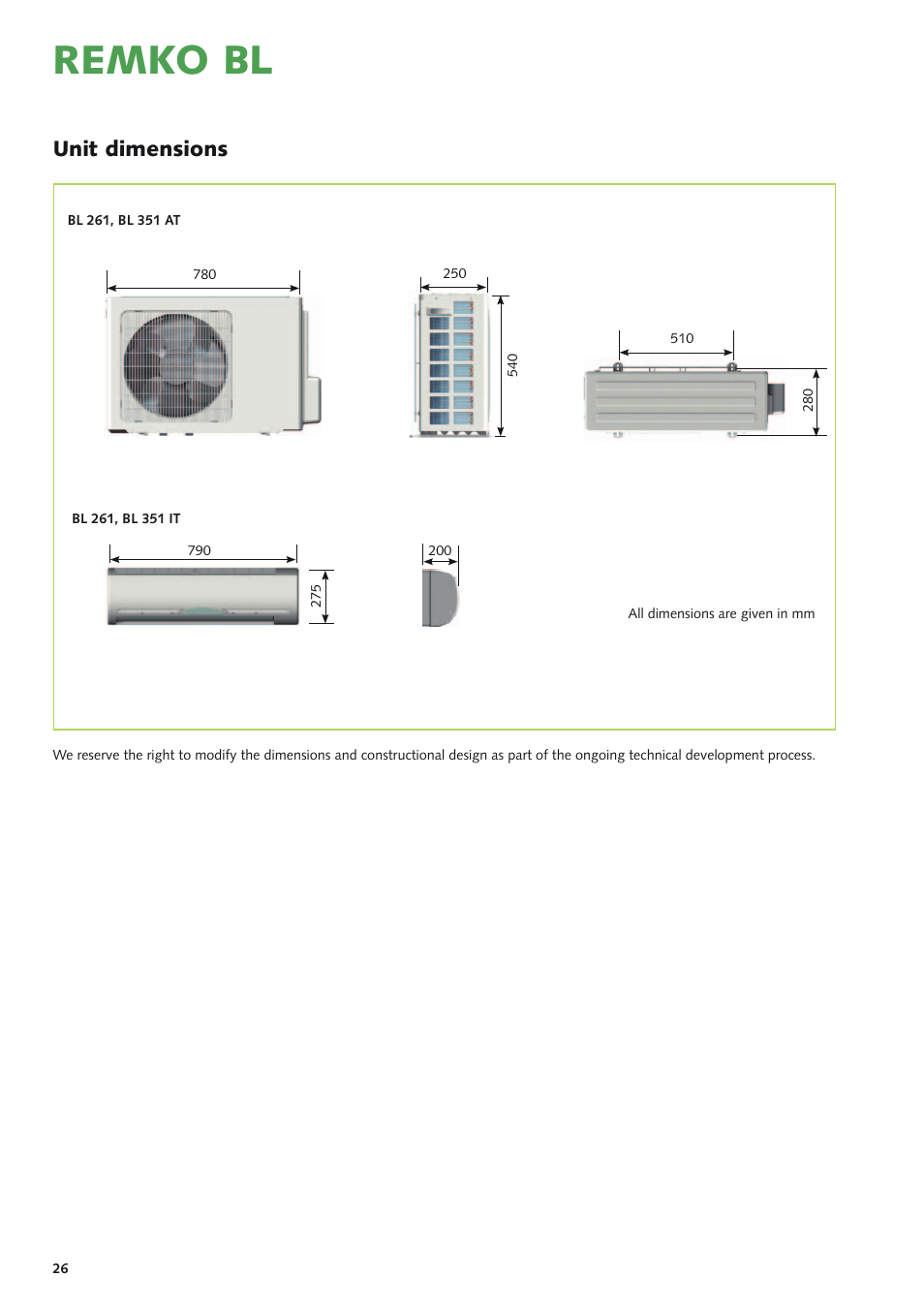 Remko bl, Unit dimensions | REMKO BL 261 User Manual | Page 26 / 32