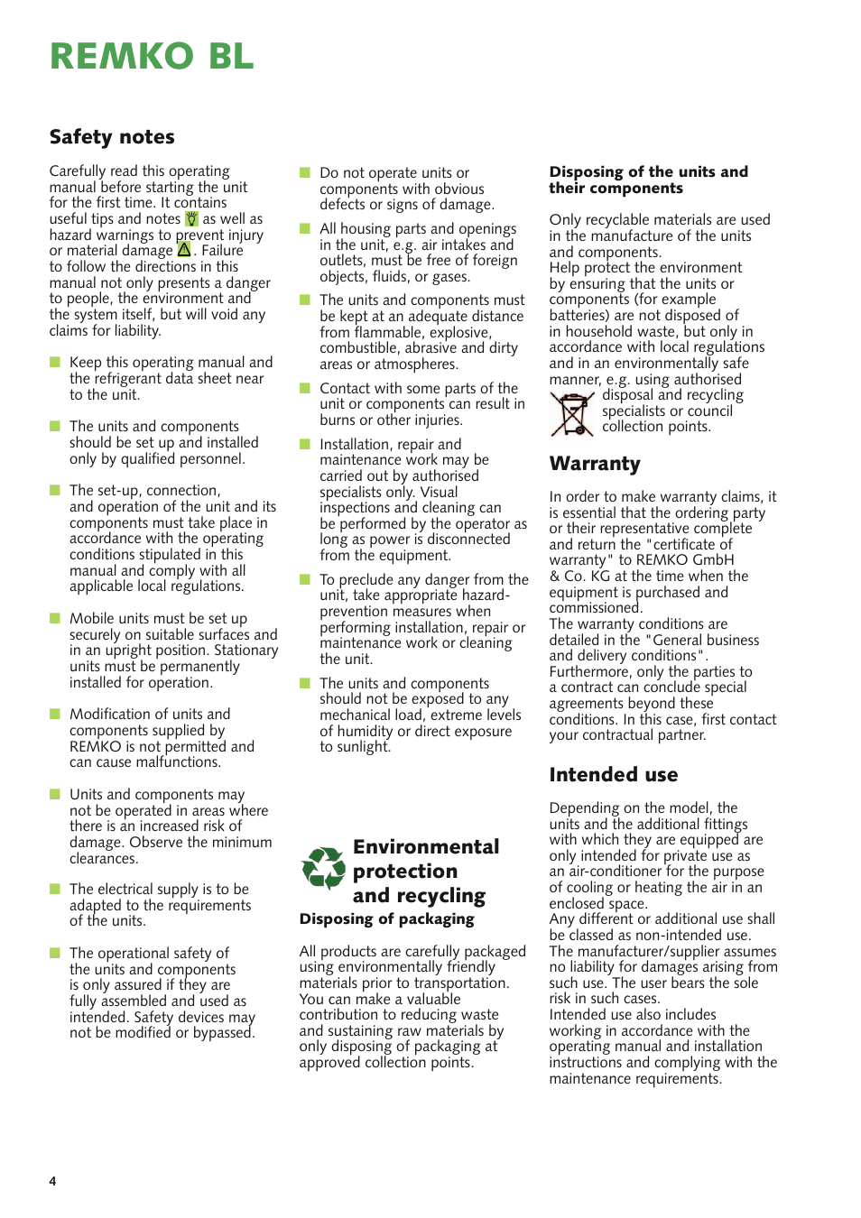 Remko bl, Intended use, Warranty | Environmental protection and recycling | REMKO BL 261 User Manual | Page 4 / 32