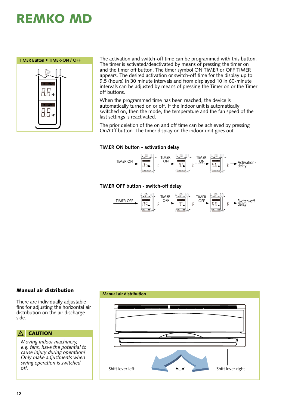 Remko md, Timer on button - activation delay, Timer off button - switch-off delay | Timer button, Timer-on / off, Activation- delay, Switch-off delay | REMKO MD 261 User Manual | Page 12 / 32