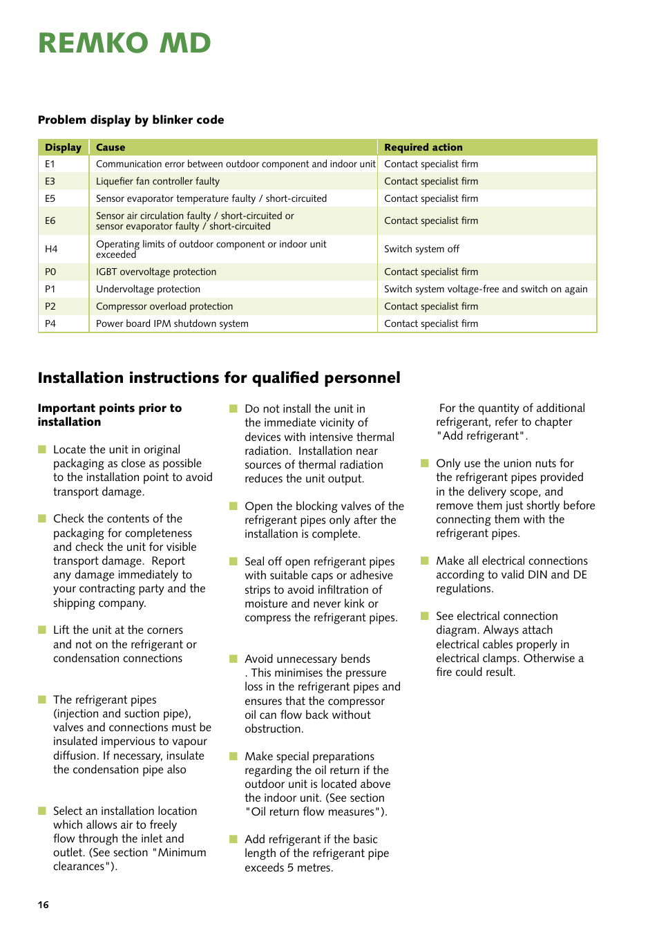 Remko md, Installation instructions for qualified personnel | REMKO MD 261 User Manual | Page 16 / 32