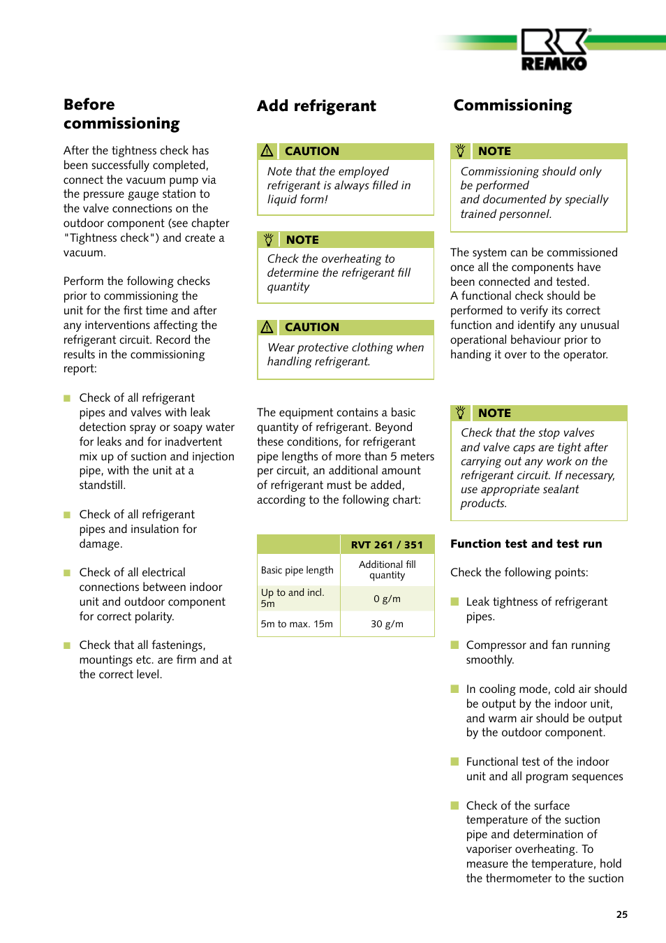 Add refrigerant, Before commissioning, Commissioning | REMKO MD 261 User Manual | Page 25 / 32