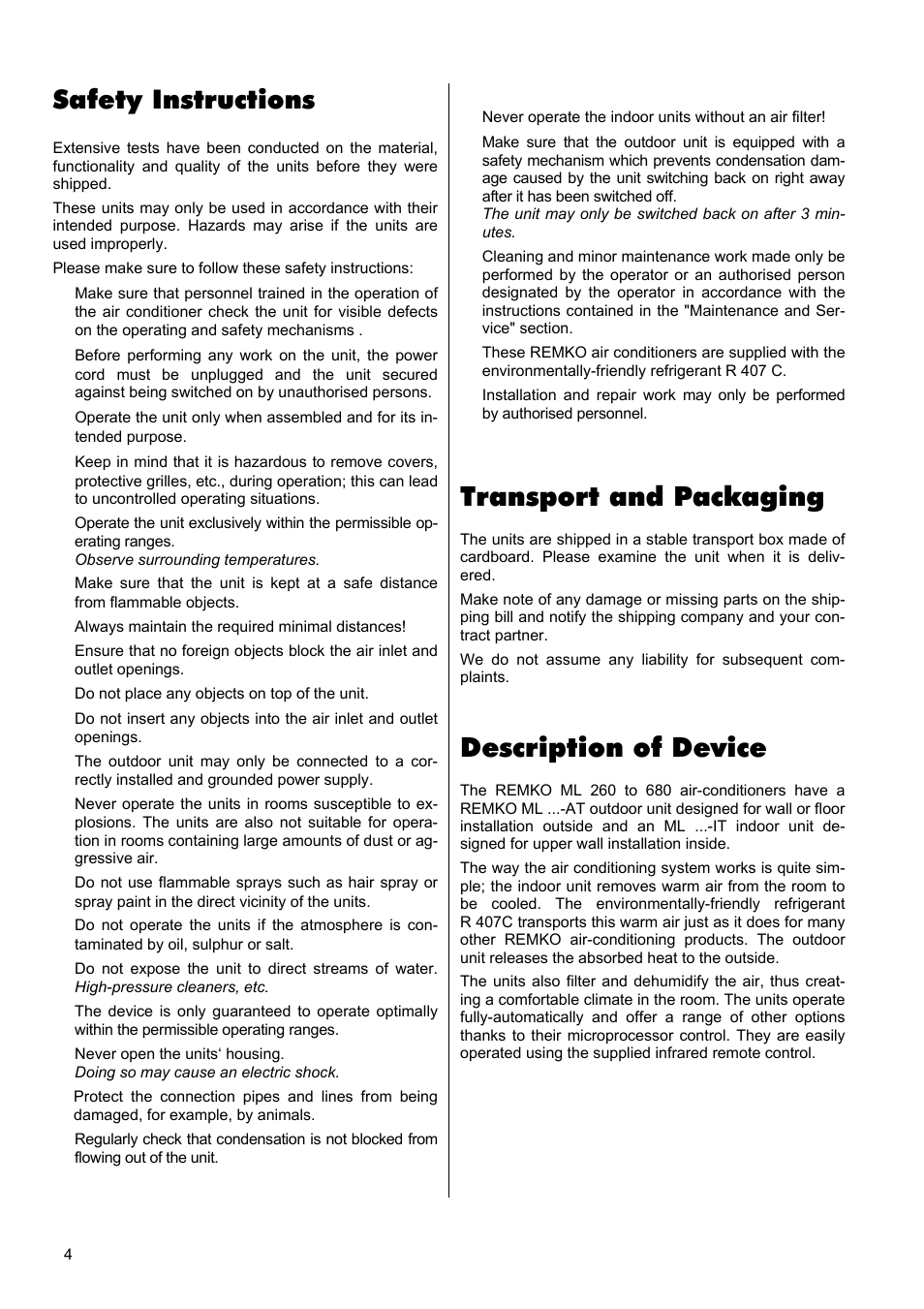 Description of device, Transport and packaging, Safety instructions | REMKO ML 260 User Manual | Page 4 / 24