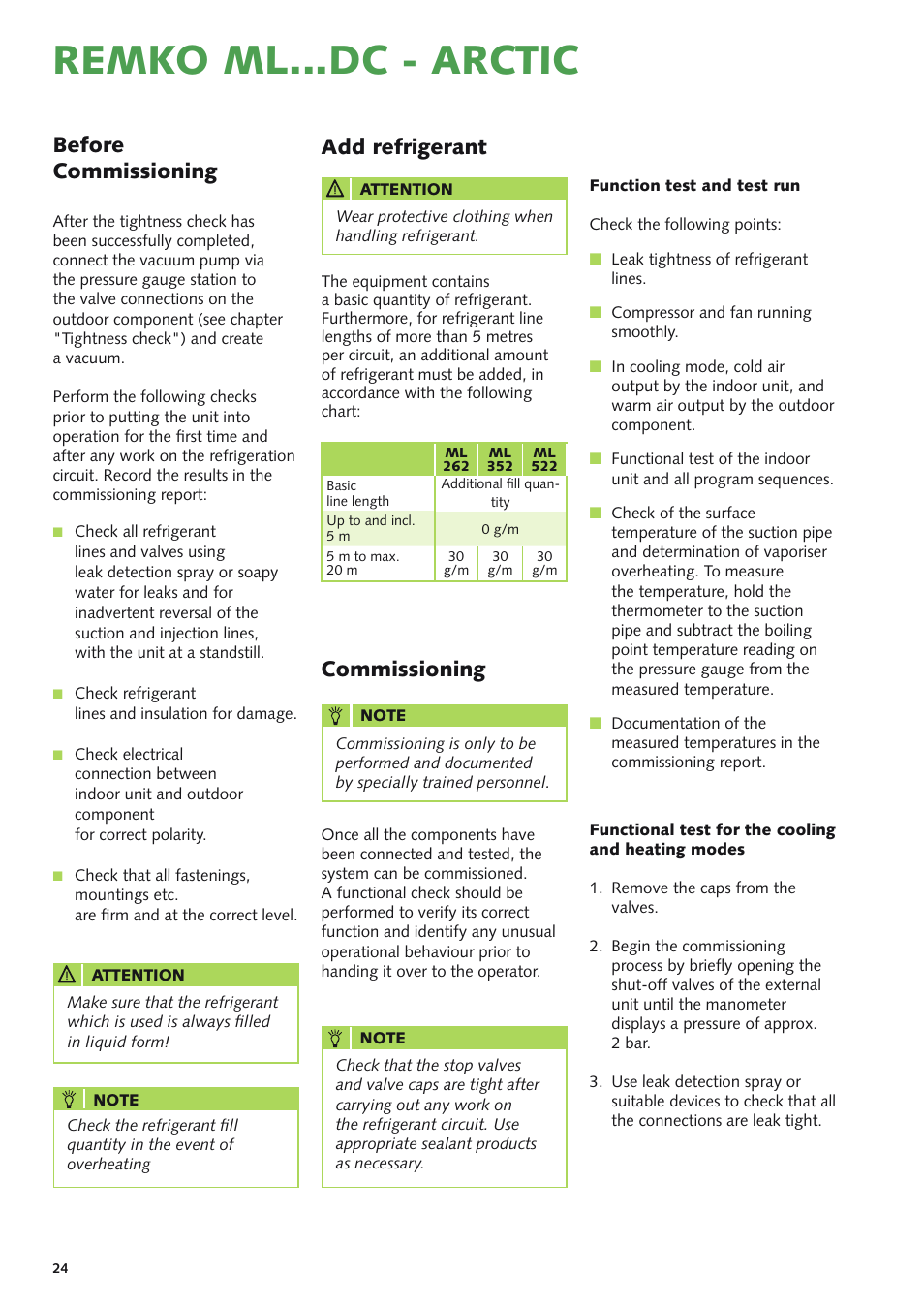 Remko ml...dc - arctic, Add refrigerant, Before commissioning | Commissioning | REMKO ML 262 DC  Arctic User Manual | Page 24 / 32