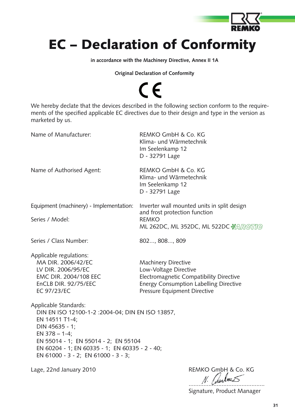 Ec – declaration of conformity | REMKO ML 262 DC  Arctic User Manual | Page 31 / 32