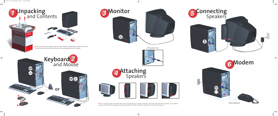 Unpacking, Modem, Connecting | Monitor, Attaching, Keyboard, And contents, Speakers, And mouse, Phone optional | Compaq Presario 4000 Series User Manual | Page 2 / 2