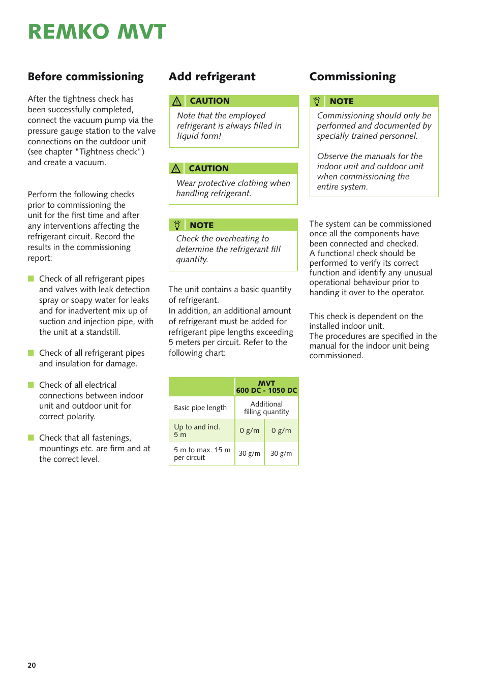 Remko mvt, Before commissioning, Commissioning | Add refrigerant | REMKO MVT 600 DC User Manual | Page 20 / 28