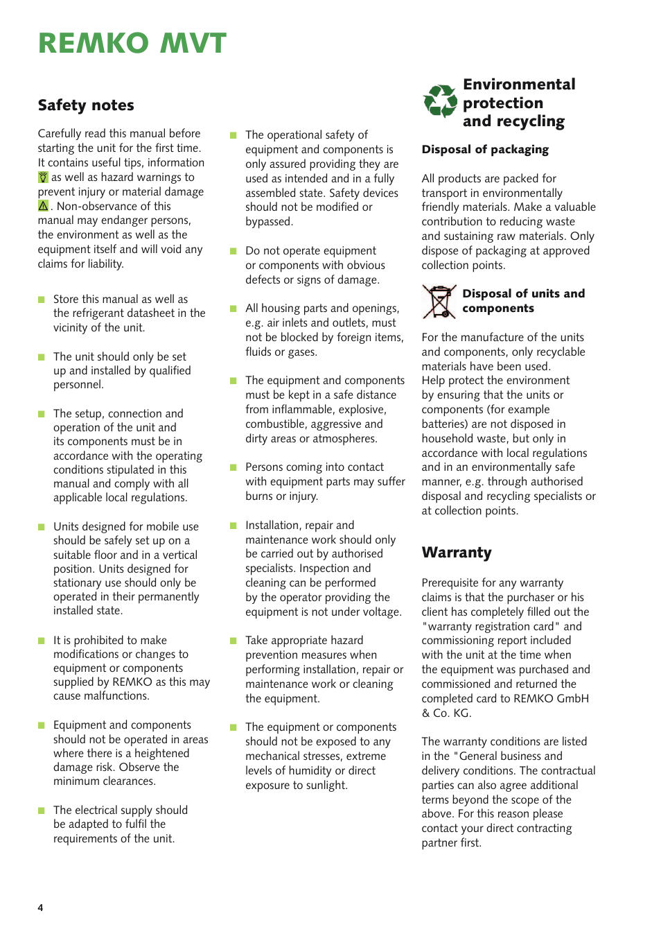 Remko mvt, Warranty, Environmental protection and recycling | REMKO MVT 600 DC User Manual | Page 4 / 28