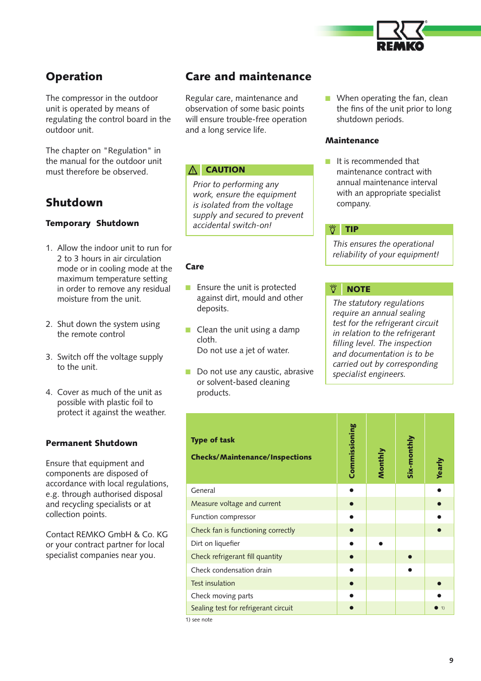Operation, Care and maintenance, Shutdown | REMKO MVT 600 DC User Manual | Page 9 / 28