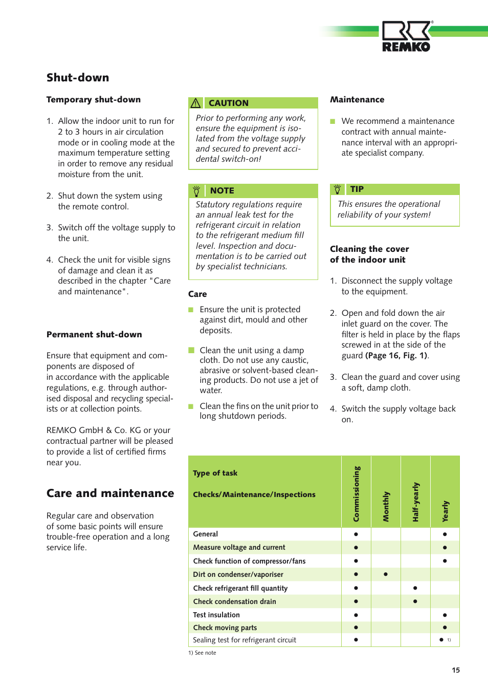 Care and maintenance, Shut-down | REMKO MXD 200 v.1 User Manual | Page 15 / 28