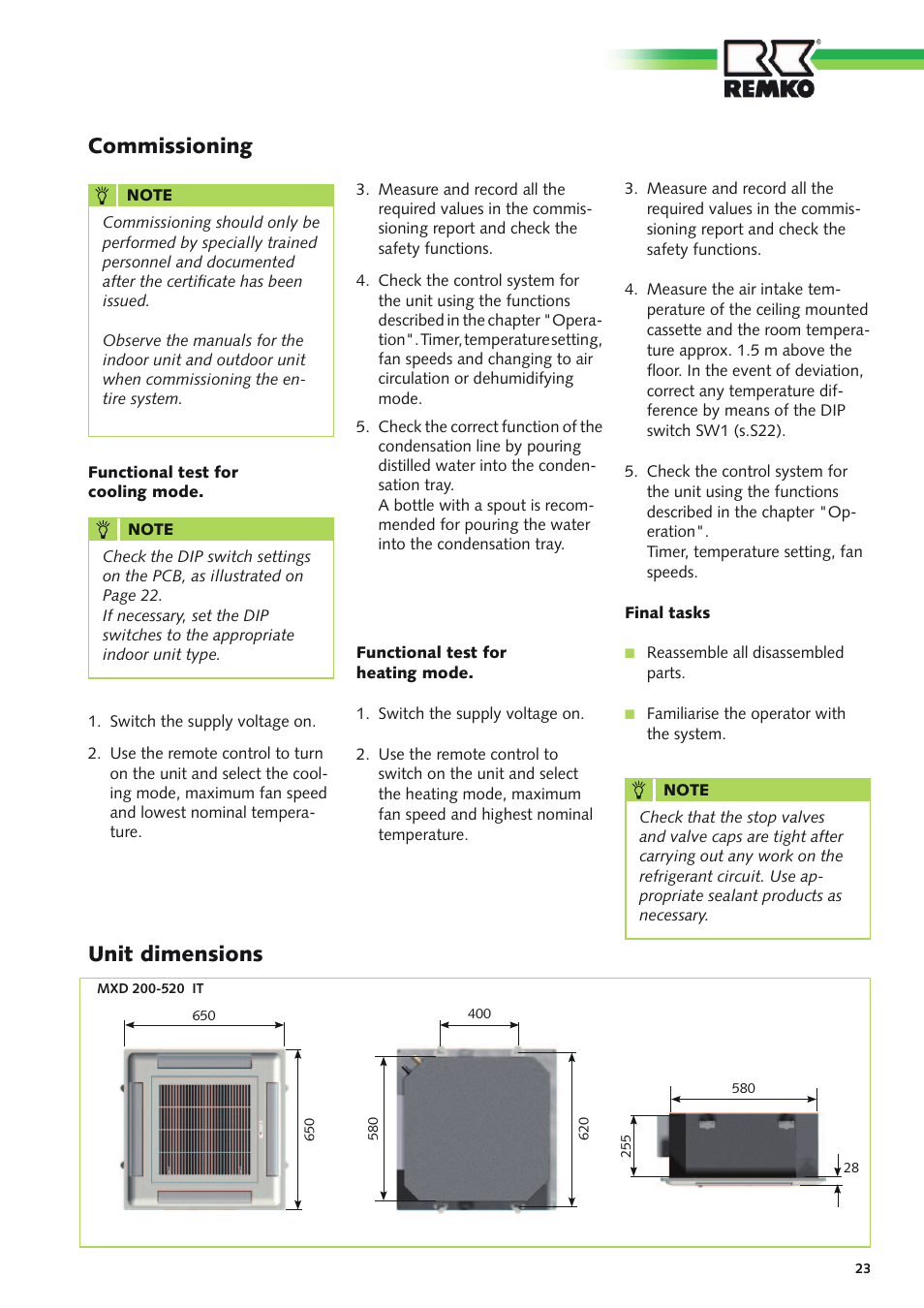 Commissioning, Unit dimensions | REMKO MXD 200 v.1 User Manual | Page 23 / 28